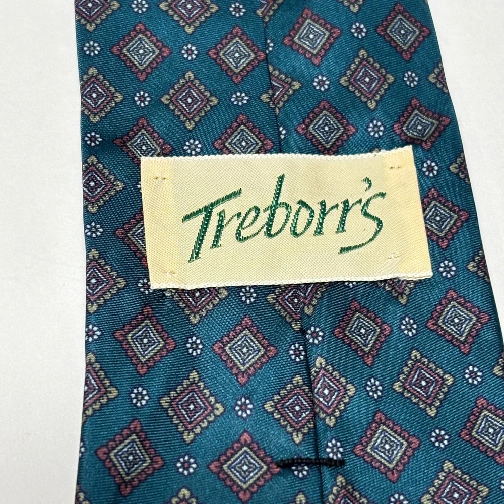 Vtg Treborr's Silk Necktie Mens OS Teal Geometric‎ Medallion Italian Silk Formal